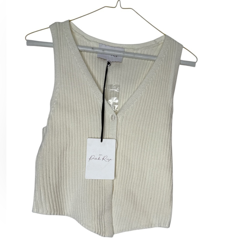 Pink Rose Cream Ribbed V-Neck Button Tank - Picture 2 of 3